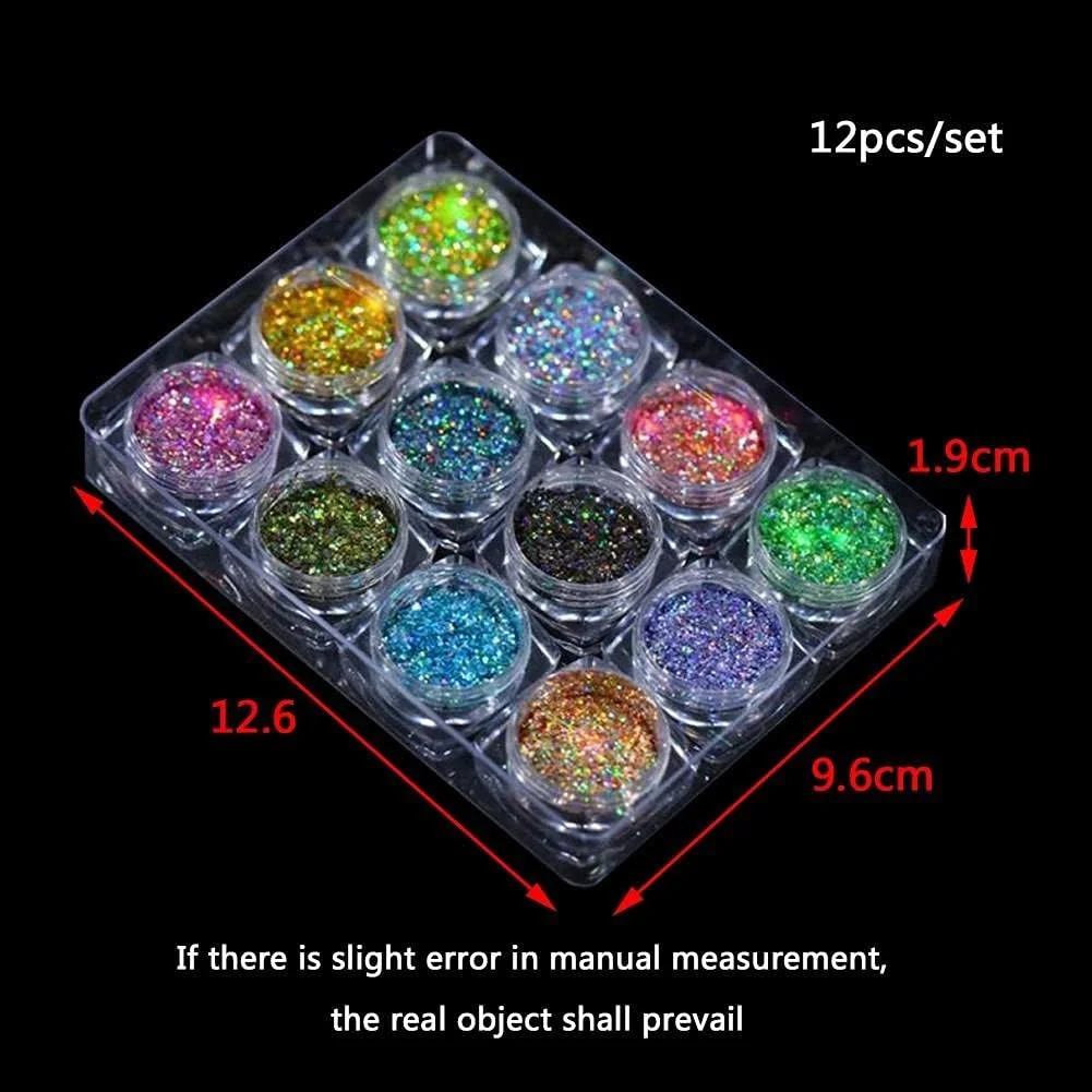 ست 12 عددی پودر اکلیل ناخن، پولک های رنگین کمانی، اکلیل طلایی و نقره ای فوق العاده براق، تزئینات طراحی ناخن