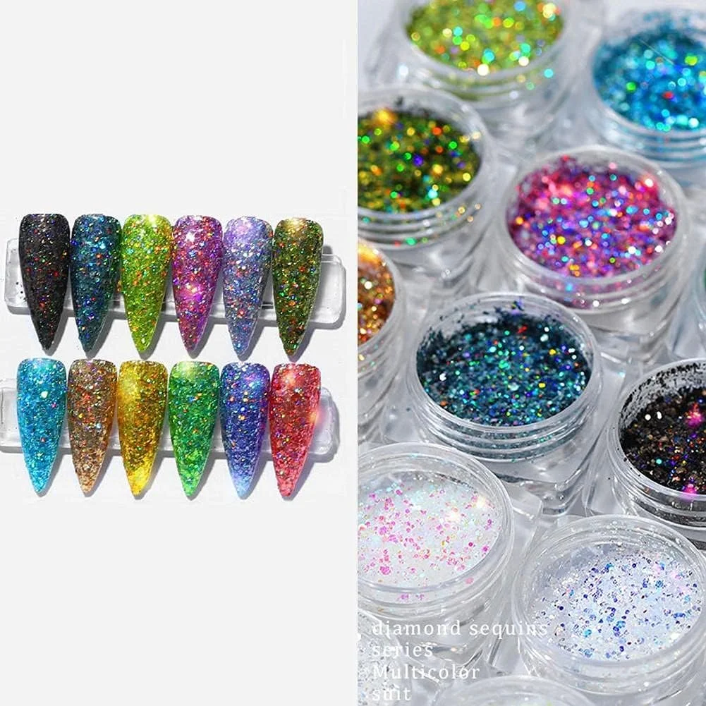 ست 12 عددی پودر اکلیل ناخن، پولک های رنگین کمانی، اکلیل طلایی و نقره ای فوق العاده براق، تزئینات طراحی ناخن