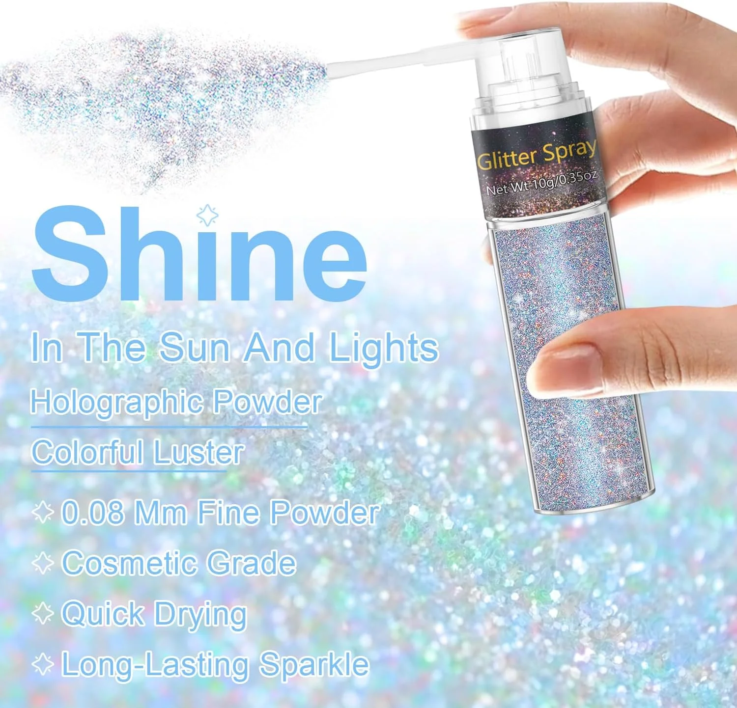 اسپری اکلیل مو و بدن، 1 عدد پودر درخشان رنگین کمانی بسیار ظریف برای صورت و لباس، پودر اکلیل شل جشنی برای لباس های ریو، هنر ناخن، صنایع دستی عید پاک و هالووین (رنگین کمانی درخشان)
