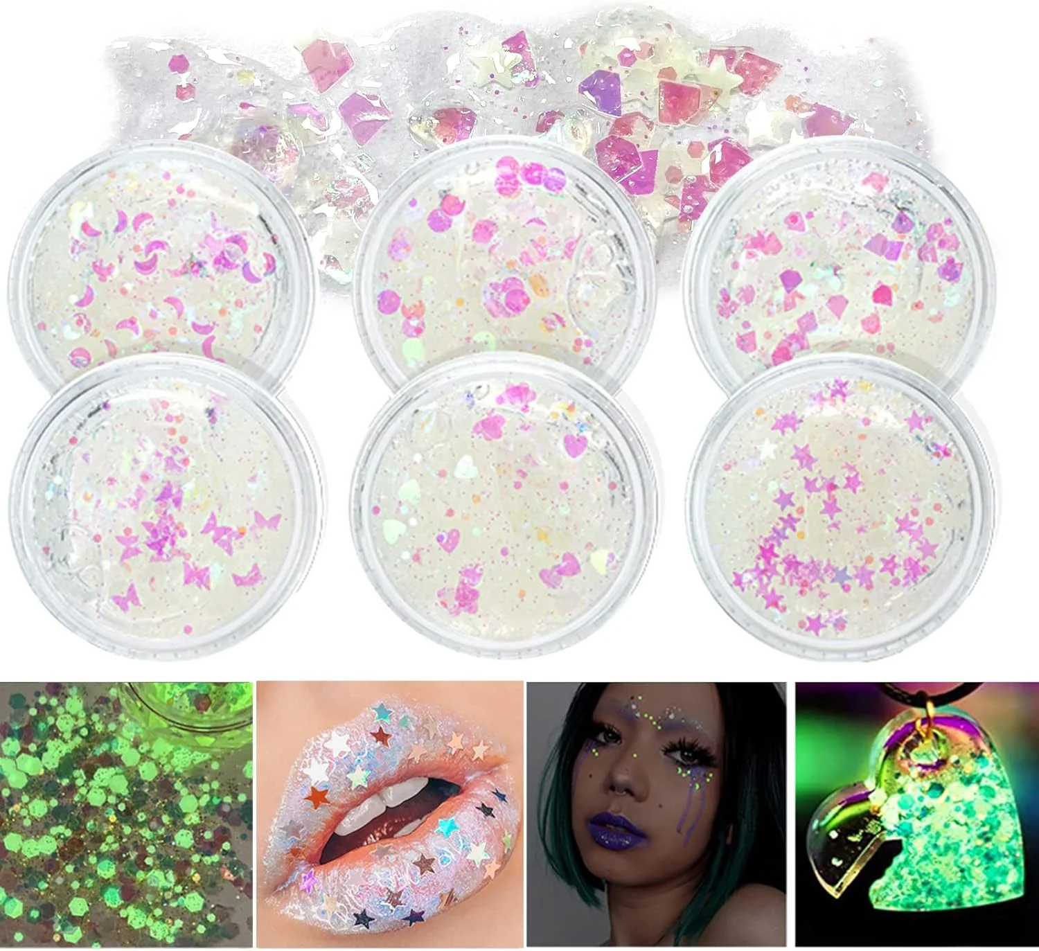 ژل اکلیلی بدن درخشان Excefore، اکلیل های سفید صورت، پولک های ژل بدن شب تاب، اکلیل درشت برای صورت، مو، ناخن، پودر لیزری آرایشی هولوگرافیک جشنواره ای، آرایش اکلیلی شب نما