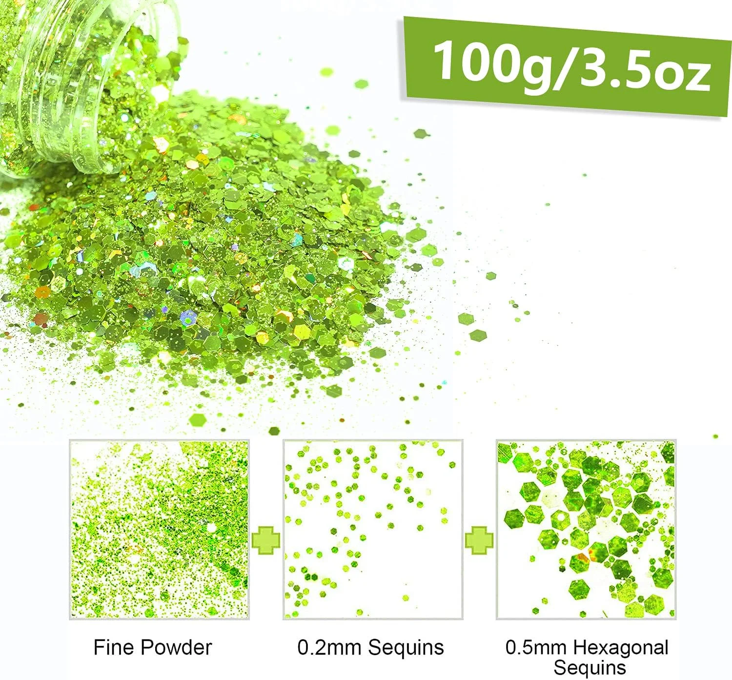 اکلیل ضخیم هولوگرافیک HEMOER، سبز 100 گرمی، پولک های ضخیم اکلیلی رزینی برای صورت، ناخن، بدن، کاردستی، جشن بالمه، هنر ناخن