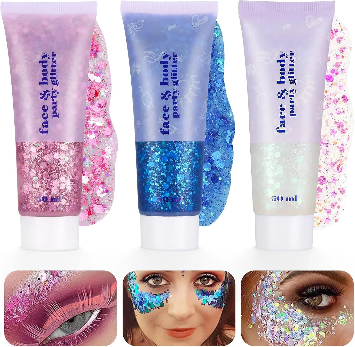 ژل اکلیلی بدن 3 عددی، ژل مایع اکلیلی پولکی پری دریایی 50 میلی لیتری، ژل پودری درشت برای صورت بدن چشم مو ناخن هنر DIY دکوراسیون آرایش مهمانی جشنواره