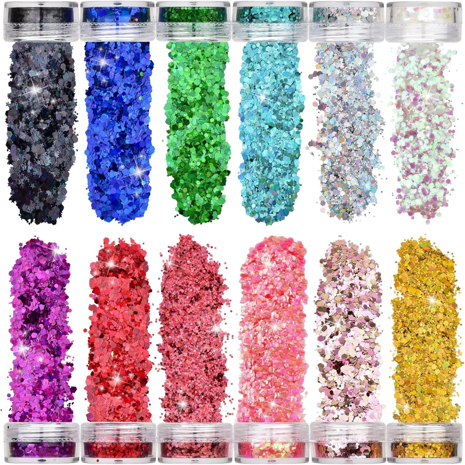 [۱۲ رنگ] - اکلیل صورت، مجموعه پولک پودر اکلیل بدن فستیوالی ۶۰ میلی لیتری برای صورت، ناخن، چشم، مو، اکلیل آرایش مهمانی بالماسکه، صنایع دستی DIY