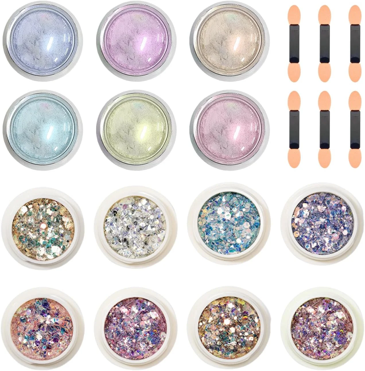 مجموعه 6 تایی پودر ناخن و 8 تایی اکلیل ناخن به همراه برس های کوچک، لوازم طراحی ناخن DIY، تزئینات ناخن