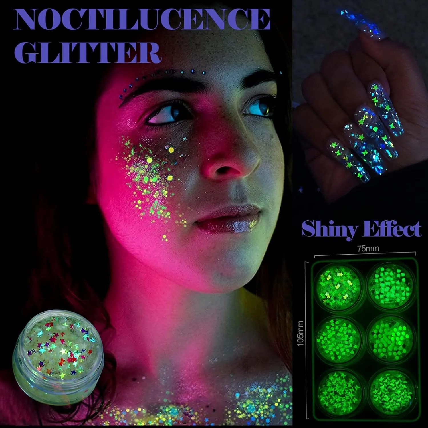 ژل اکلیلی بدن درخشان Excefore، اکلیل های سفید صورت، پولک های ژل بدن شب تاب، اکلیل درشت برای صورت، مو، ناخن، پودر لیزری آرایشی هولوگرافیک جشنواره ای، آرایش اکلیلی شب نما