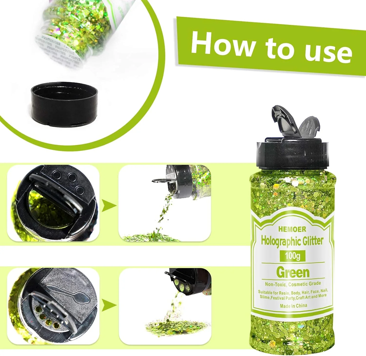 اکلیل ضخیم هولوگرافیک HEMOER، سبز 100 گرمی، پولک های ضخیم اکلیلی رزینی برای صورت، ناخن، بدن، کاردستی، جشن بالمه، هنر ناخن