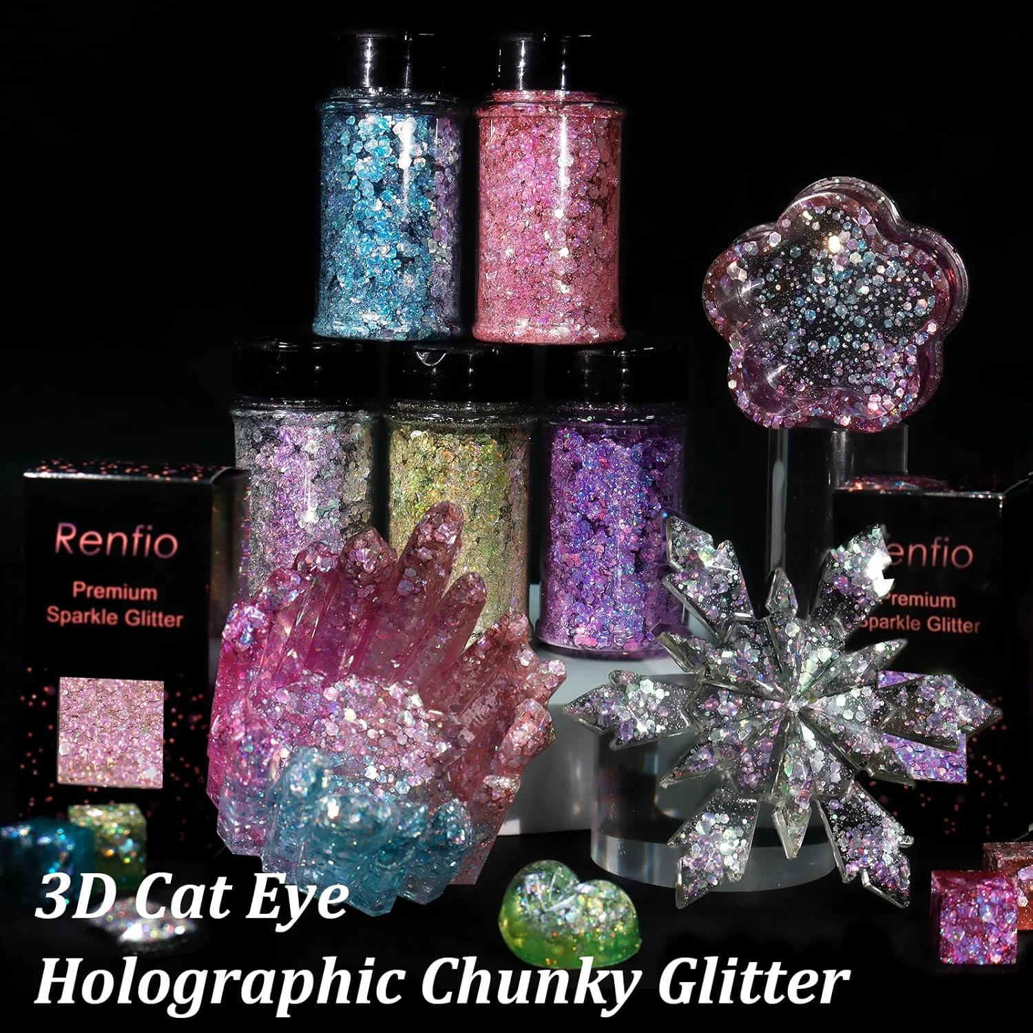 اکلیل هولوگرافیک نقره ای درشت Renfio، 50 گرم اکلیل رزین رنگین کمانی نقره ای، پودر ظریف آفتاب پرست مخلوط پولک های شش ضلعی درشت برای لیوان های گوی برفی، رزین اپوکسی، صنایع دستی، تزئینات جشنواره، ناخن، اسلایم