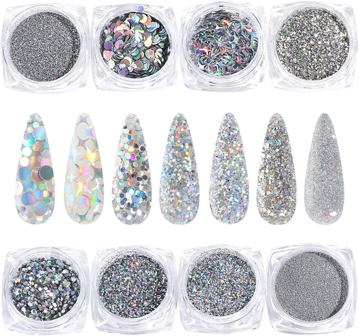 مجموعه پولک و اکلیل طراحی ناخن هولو GOGOONLY، 8 جعبه پودر ناخن هولوگرافیک، پولک های طراحی ناخن، پولک های براق متالیک، مجموعه اکلیل نقره ای برای تزئین ناخن - BH000967