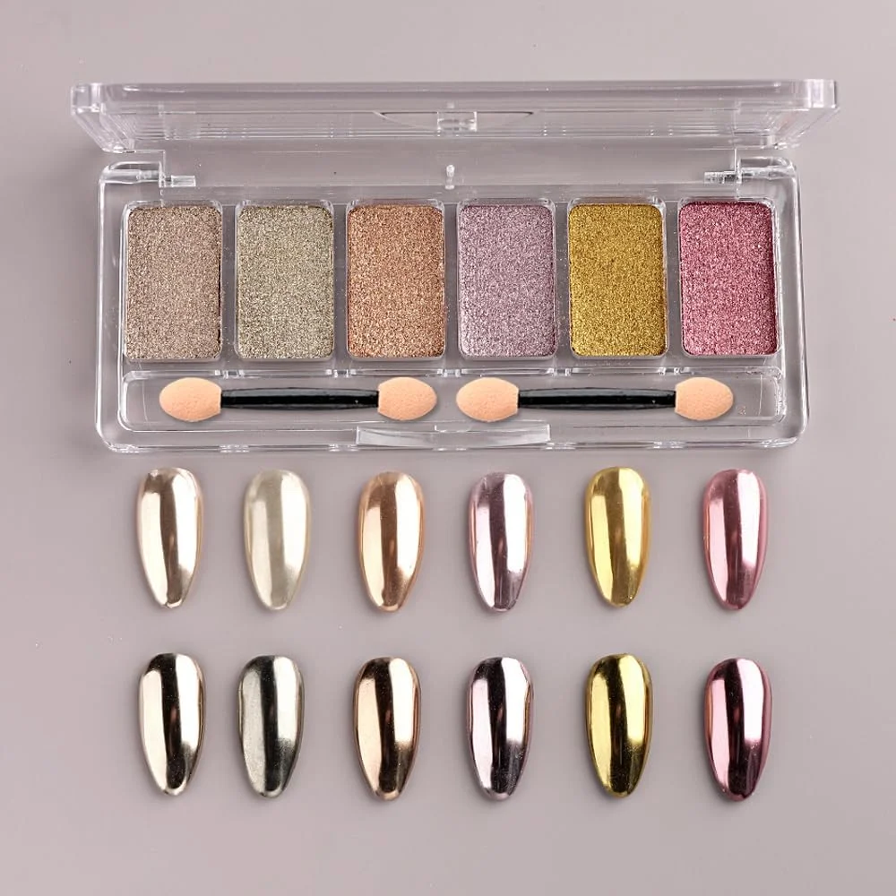 ست پودر کروم ناخن جامد 6 رنگ، پودر کروم آینه ای متالیک برای ناخن، طلایی رزگلد شامپاین چند رنگ پالت پودر رنگدانه ناخن مانیکور تزئینات طراحی ناخن