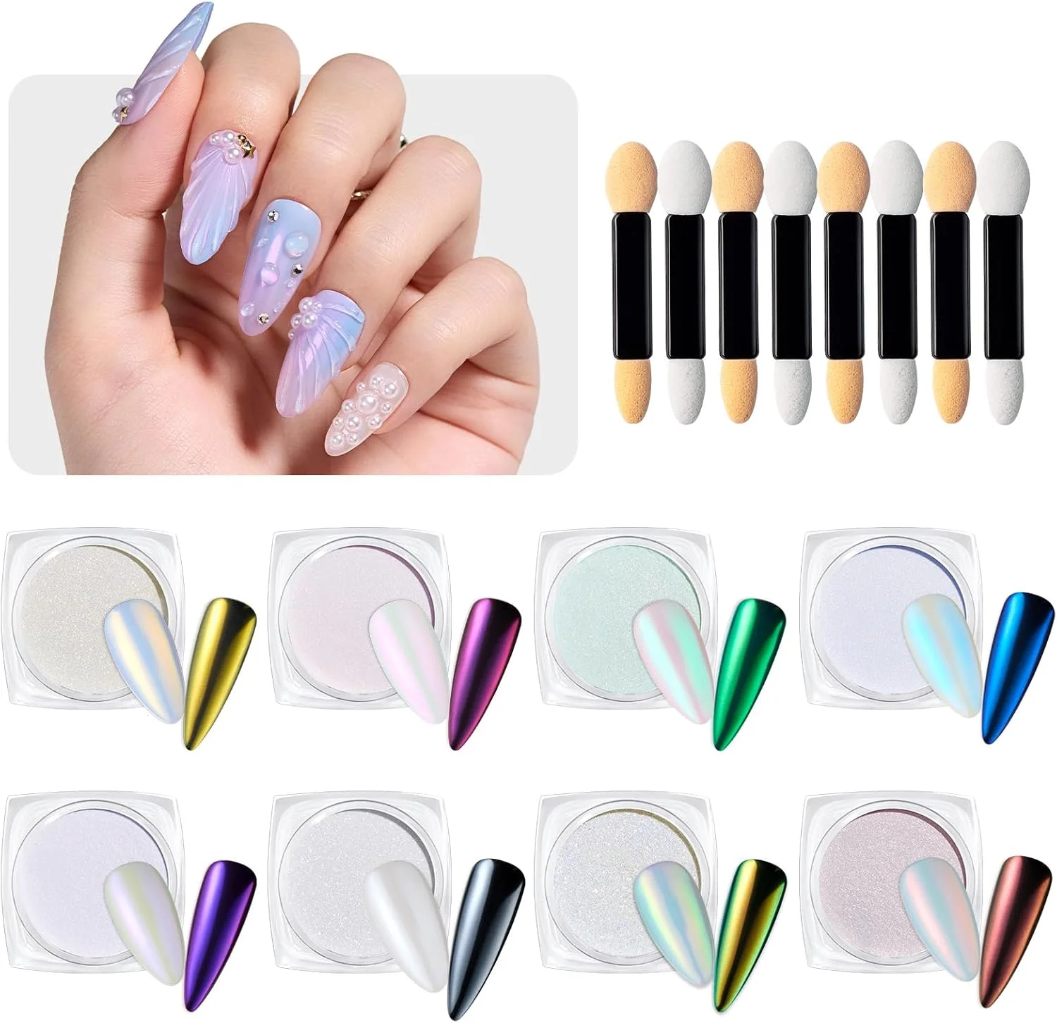 پودر کروم ناخن با جلوه آینه‌ای متالیک، اکلیل مرواریدی پری دریایی هولوگرافیک آرورا، پودر کروم برای طراحی ناخن و مانیکور ژلی، 8 رنگ 0.5 گرم در هر ظرف