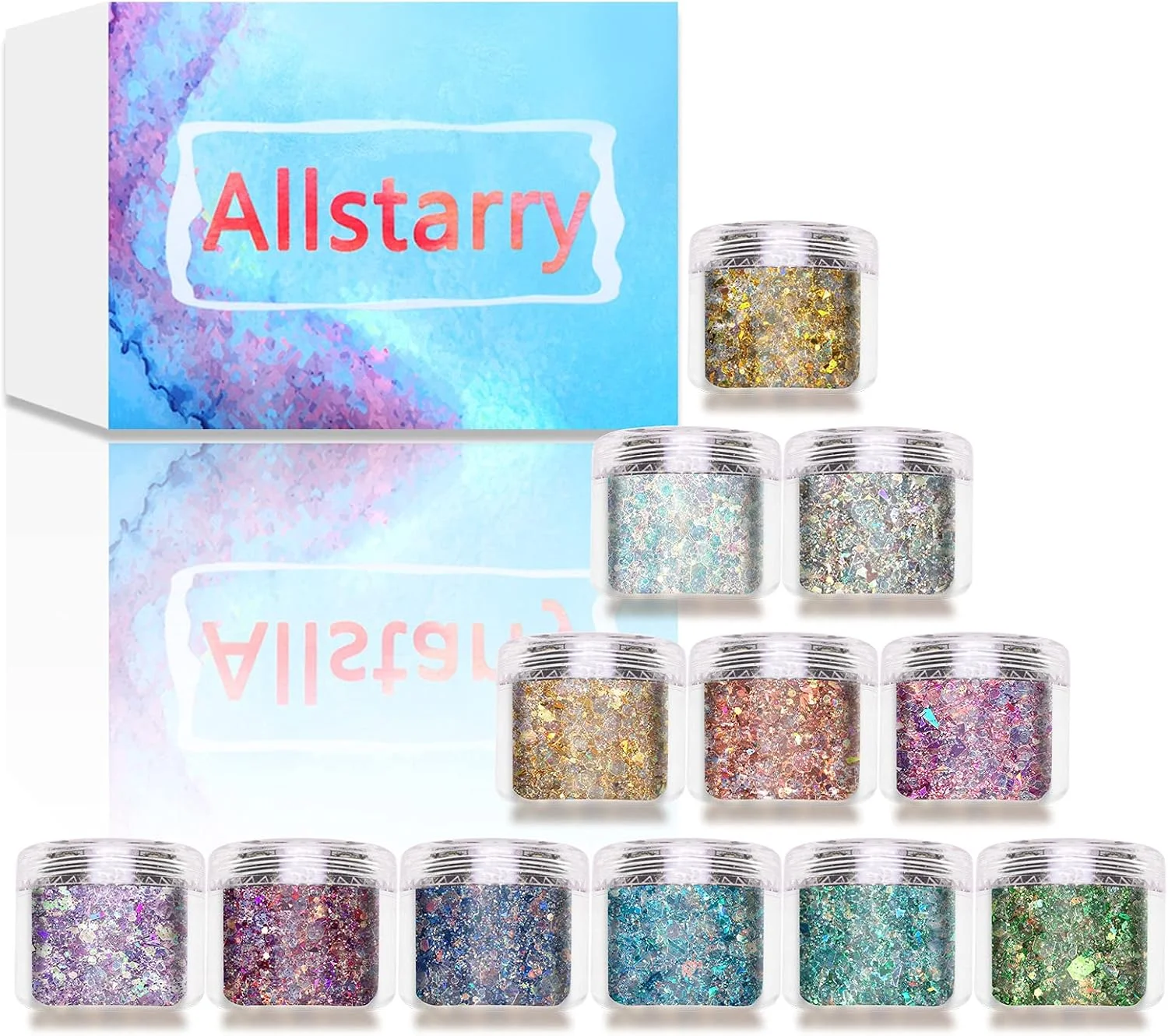 ست پولک ناخن آل استاری، 12 رنگ، پولک های درشت و ظریف، مناسب برای طراحی ناخن، مو، چشم، صورت، بدن، رزین، لیوان و اسلایم