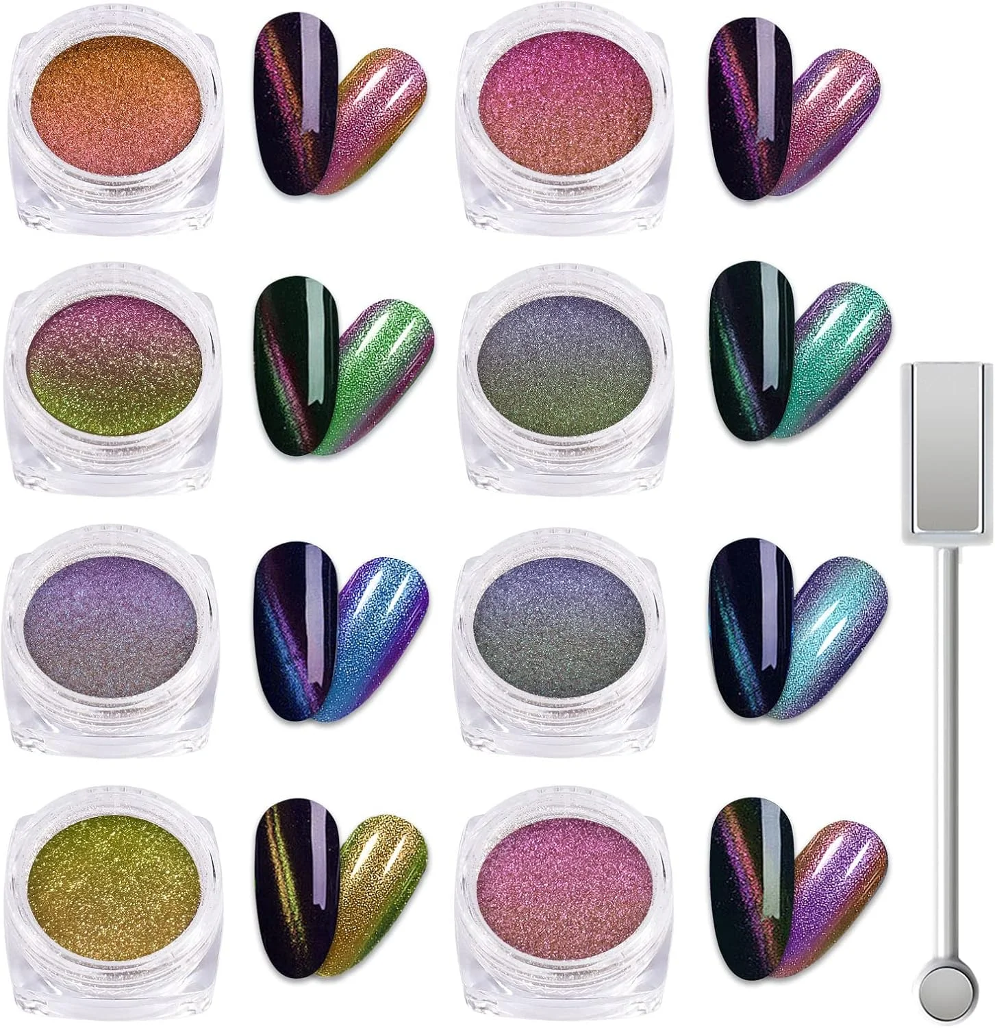 لازا، پودر ناخن کروم چشم گربه ای در 8 رنگ، پودر مغناطیسی آفتاب پرست، پیگمنت اثر چشم گربه ای سه بعدی، گرد و غبار اکلیلی با اثر کهکشانی جادویی به همراه استیک مغناطیسی برای طراحی ناخن - تغییر رنگ آبنباتی