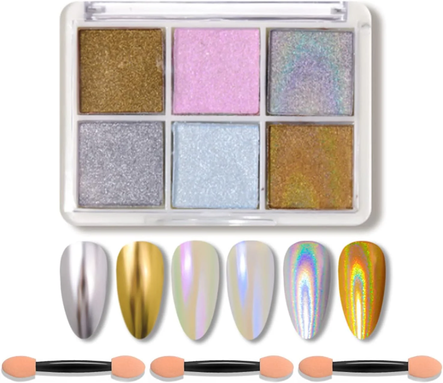 پودر کروم ناخن، 6 رنگ پودر براق پری دریایی نئون، لاک ژل، پودر رنگدانه متالیک طراحی ناخن به همراه برس های اسفنجی برای تزئین ناخن (D)