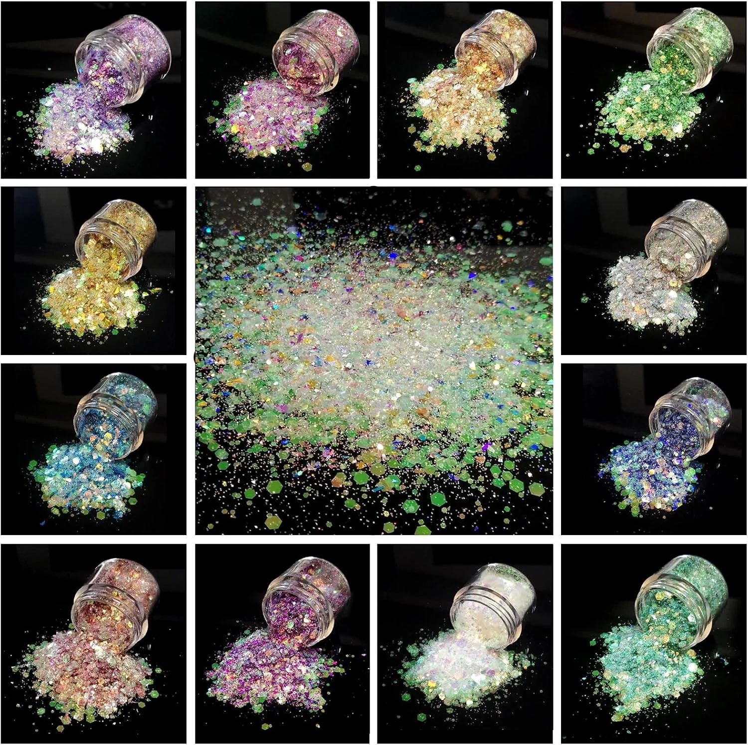 ست پولک ناخن آل استاری، 12 رنگ، پولک های درشت و ظریف، مناسب برای طراحی ناخن، مو، چشم، صورت، بدن، رزین، لیوان و اسلایم