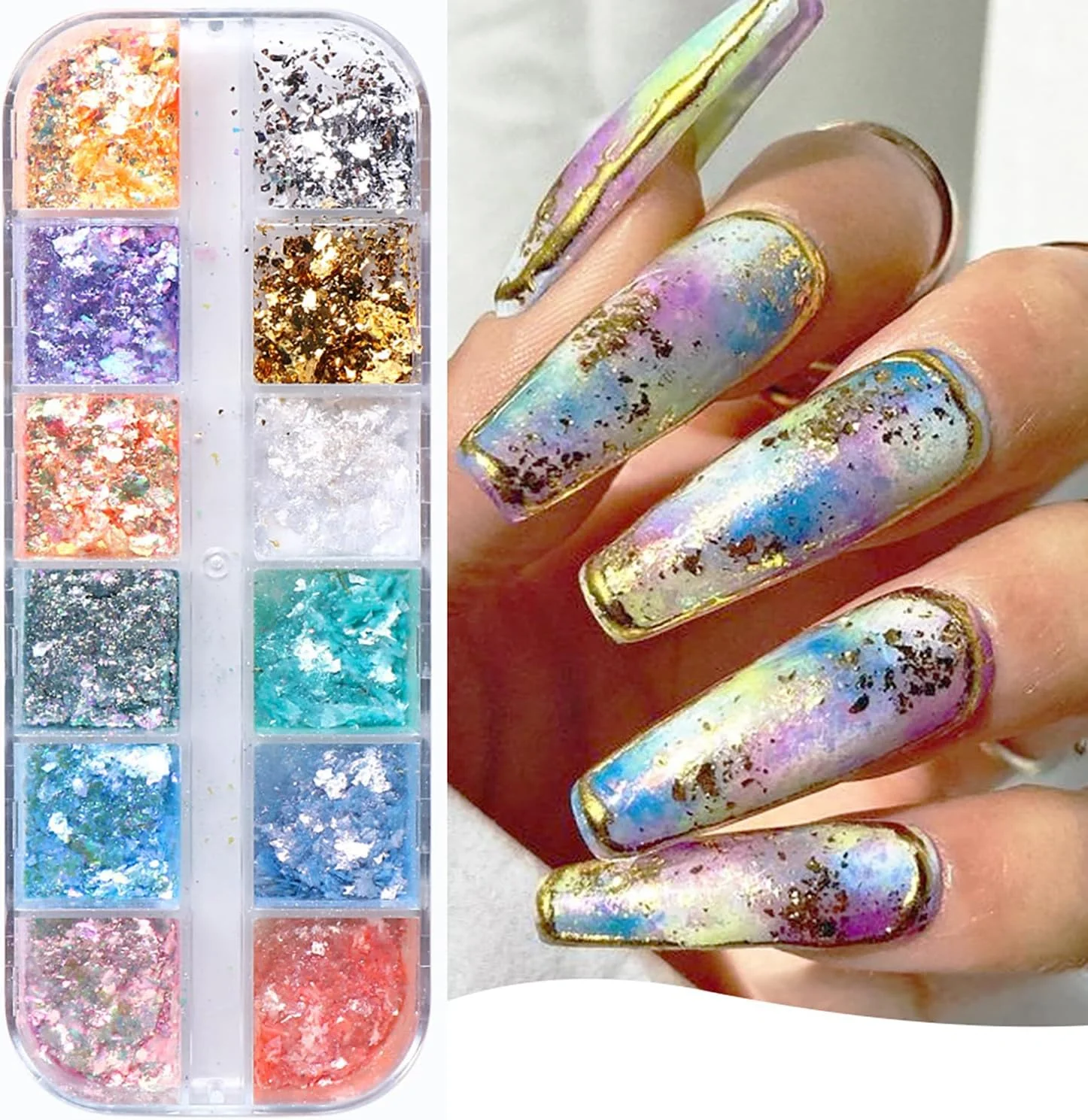 پودر اکلیلی ناخن اوپال هولوگرافیک 12 رنگ، پولک های پودری اوپال، فیلم فوق العاده نازک، پودر ابر کریستالی یخ، طرح های ناخن آکریلیک، لوازم طراحی ناخن برای زنان، تزئینات جذاب نوک مانیکور