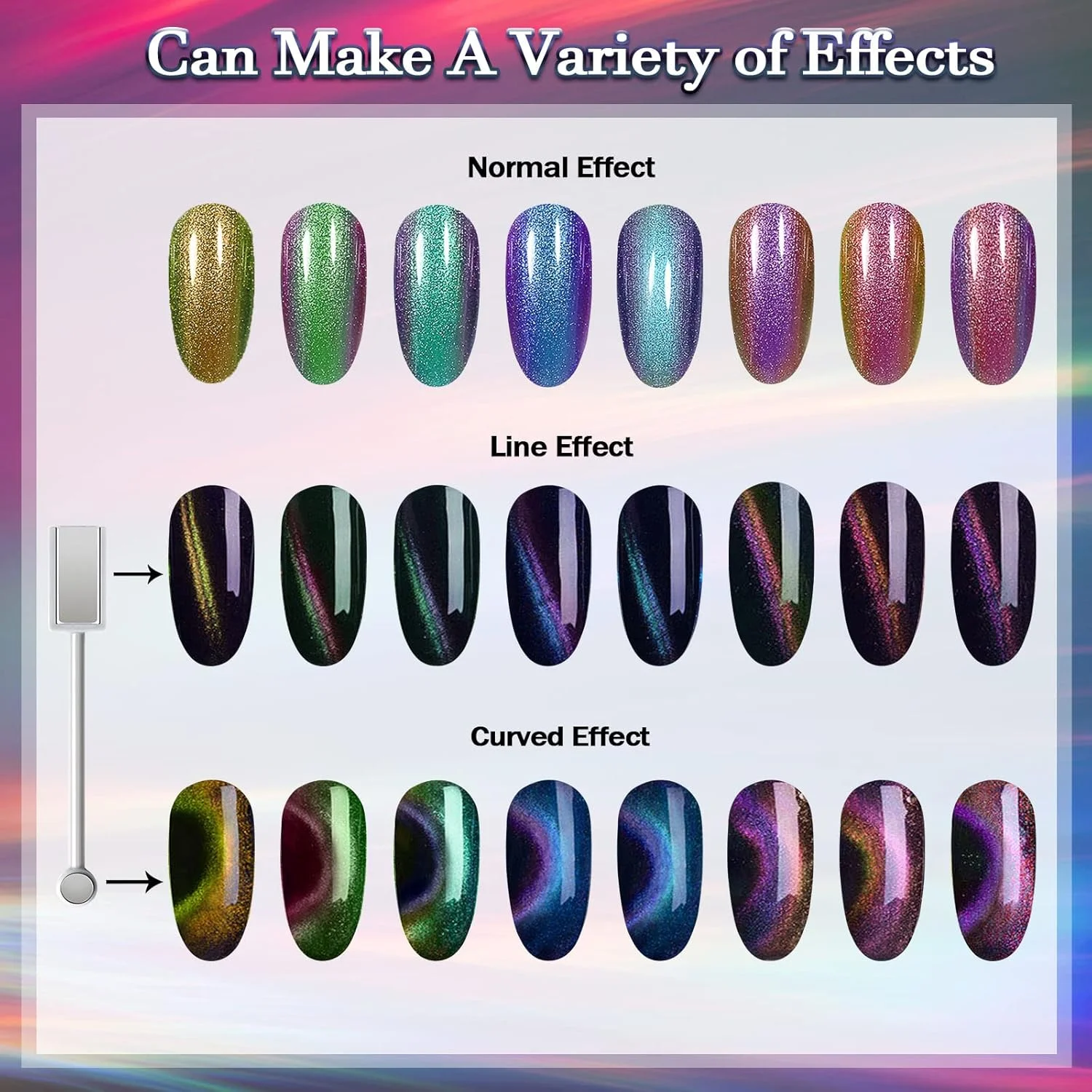 لازا، پودر ناخن کروم چشم گربه ای در 8 رنگ، پودر مغناطیسی آفتاب پرست، پیگمنت اثر چشم گربه ای سه بعدی، گرد و غبار اکلیلی با اثر کهکشانی جادویی به همراه استیک مغناطیسی برای طراحی ناخن - تغییر رنگ آبنباتی