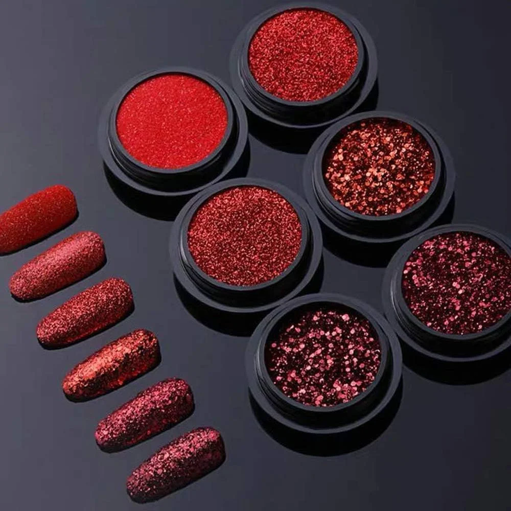 پودر اکلیل ناخن 6 جعبه ای، پودر اکلیل قرمز، هنر ناخن، جلوه آینه ای، رنگدانه کروم، لاک ژل UV، گرد و غبار براق، کیت تزئین ناخن