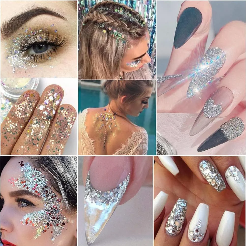 اکلیل ناخن هولوگرافیک پولک سه بعدی لوازم طراحی ناخن پودر اکریلیک نقره ای براق گرد و غبار تزئینات ناخن لوازم جانبی مانیکور 8 جعبه