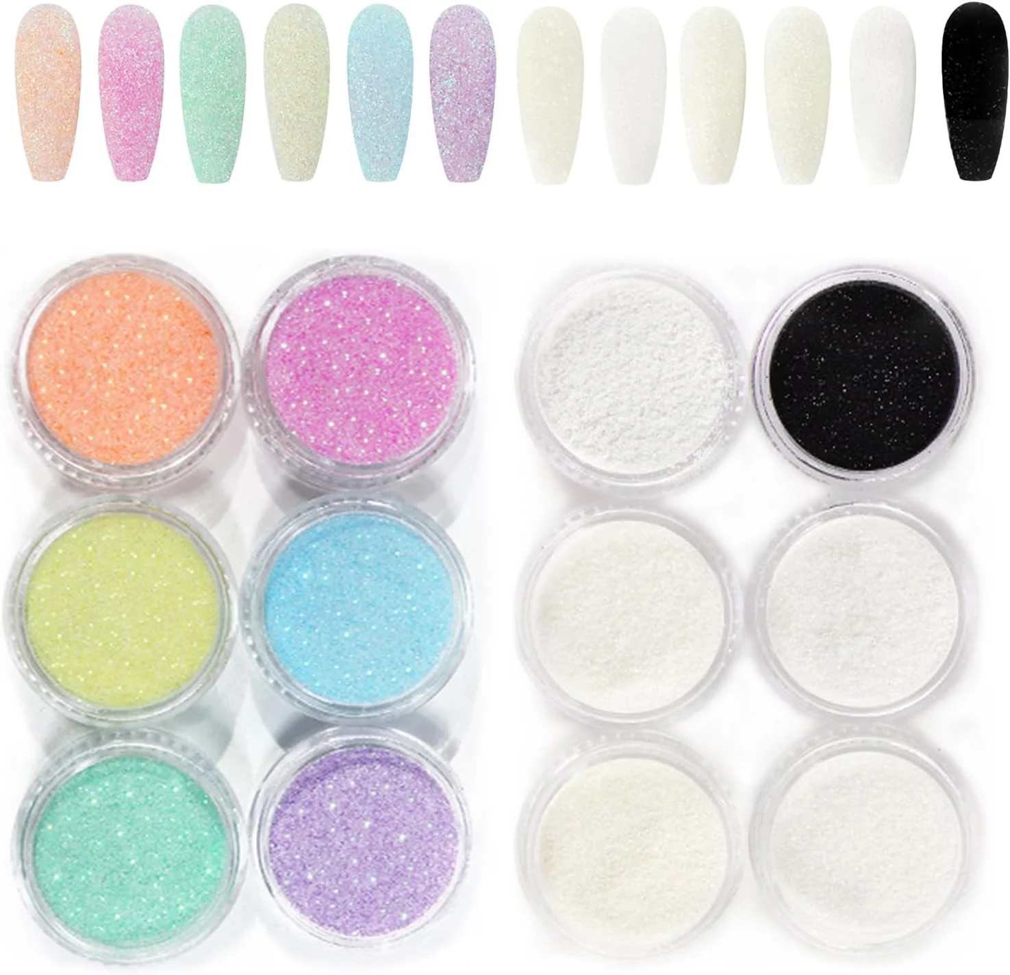 پودر اکلیلی ناخن، افکت شکر، مشکی، سفید، رنگارنگ، پودر اکلیلی ناخن با افکت شکر در 18 رنگ، طراحی ناخن، پولک های اکلیلی، هنر ناخن