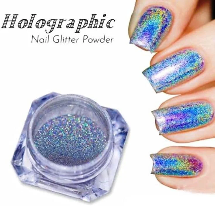 پودر اکلیل طراحی ناخن با کیفیت عالی مخصوص طراحی ناخن بسته 50 گرمی (نقره ای هولوگرافیک)