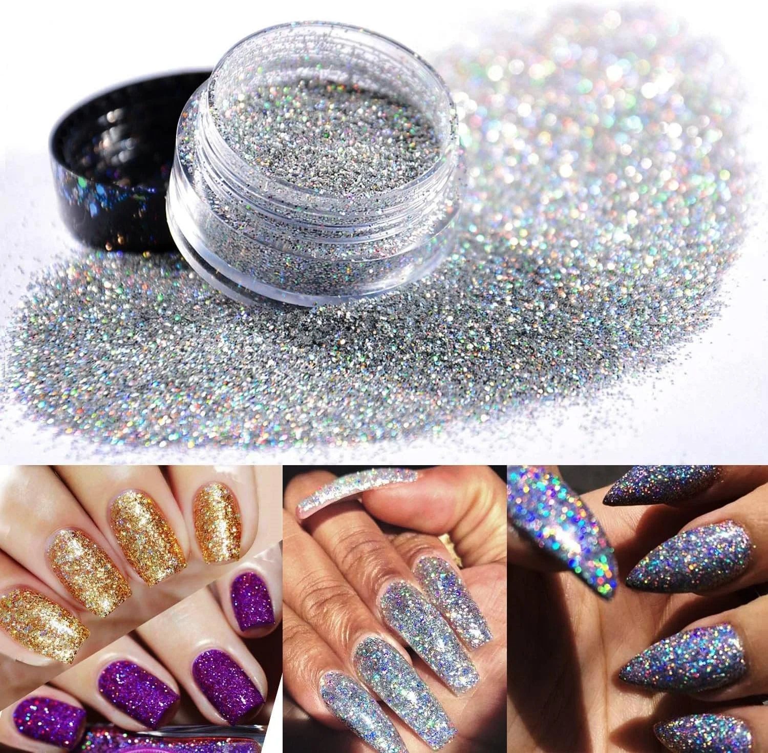 پودر اکلیل طراحی ناخن با کیفیت عالی مخصوص طراحی ناخن بسته 50 گرمی (نقره ای هولوگرافیک)