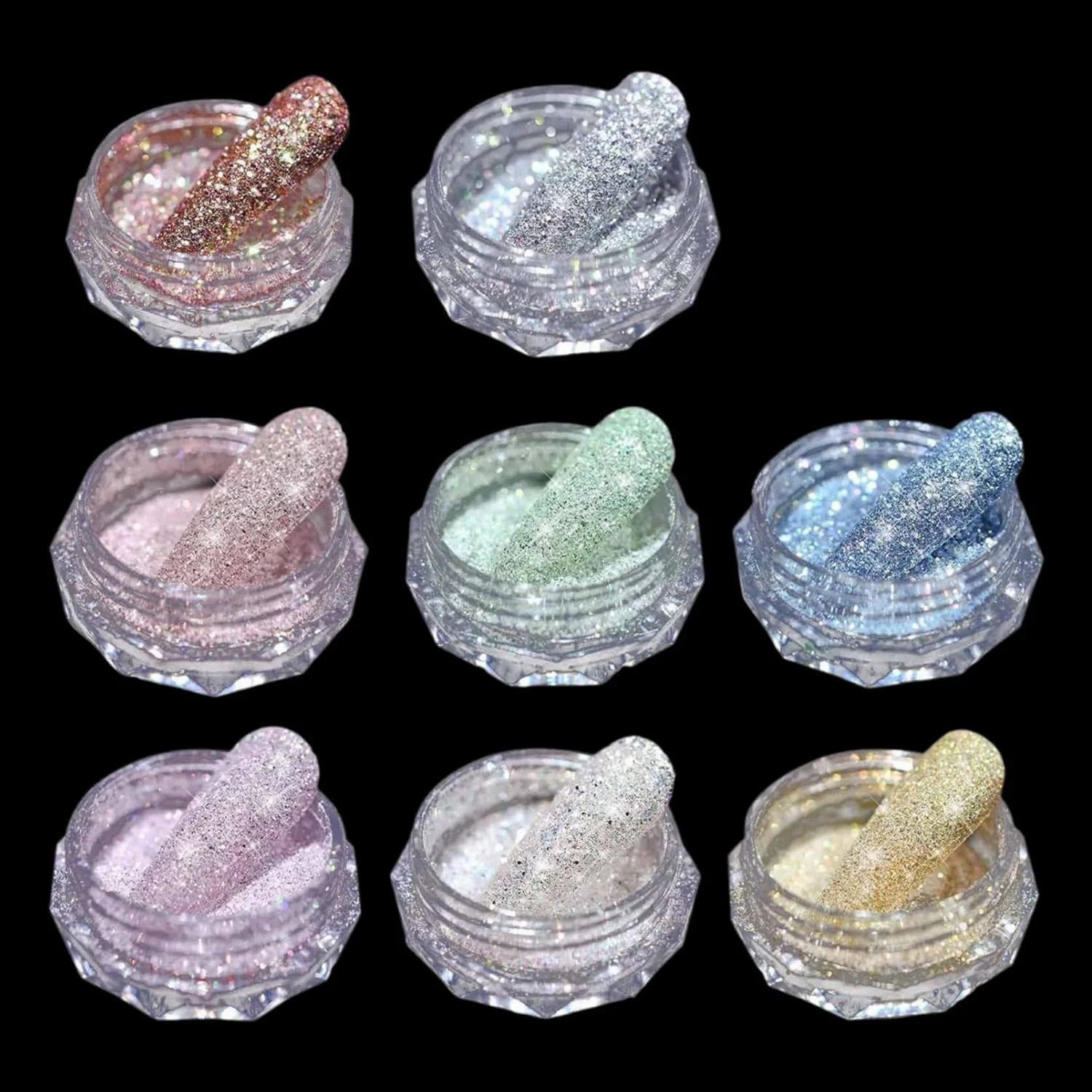 پودر اکلیل ناخن الماس کریستالی 8 عددی، پودر اکلیل الماس کریستالی برای ناخن، طلایی، نقره ای، رزگلد، آبی، سنگ شیشه ای، کروم، اکلیل درخشان، ست تزئین پودر ناخن