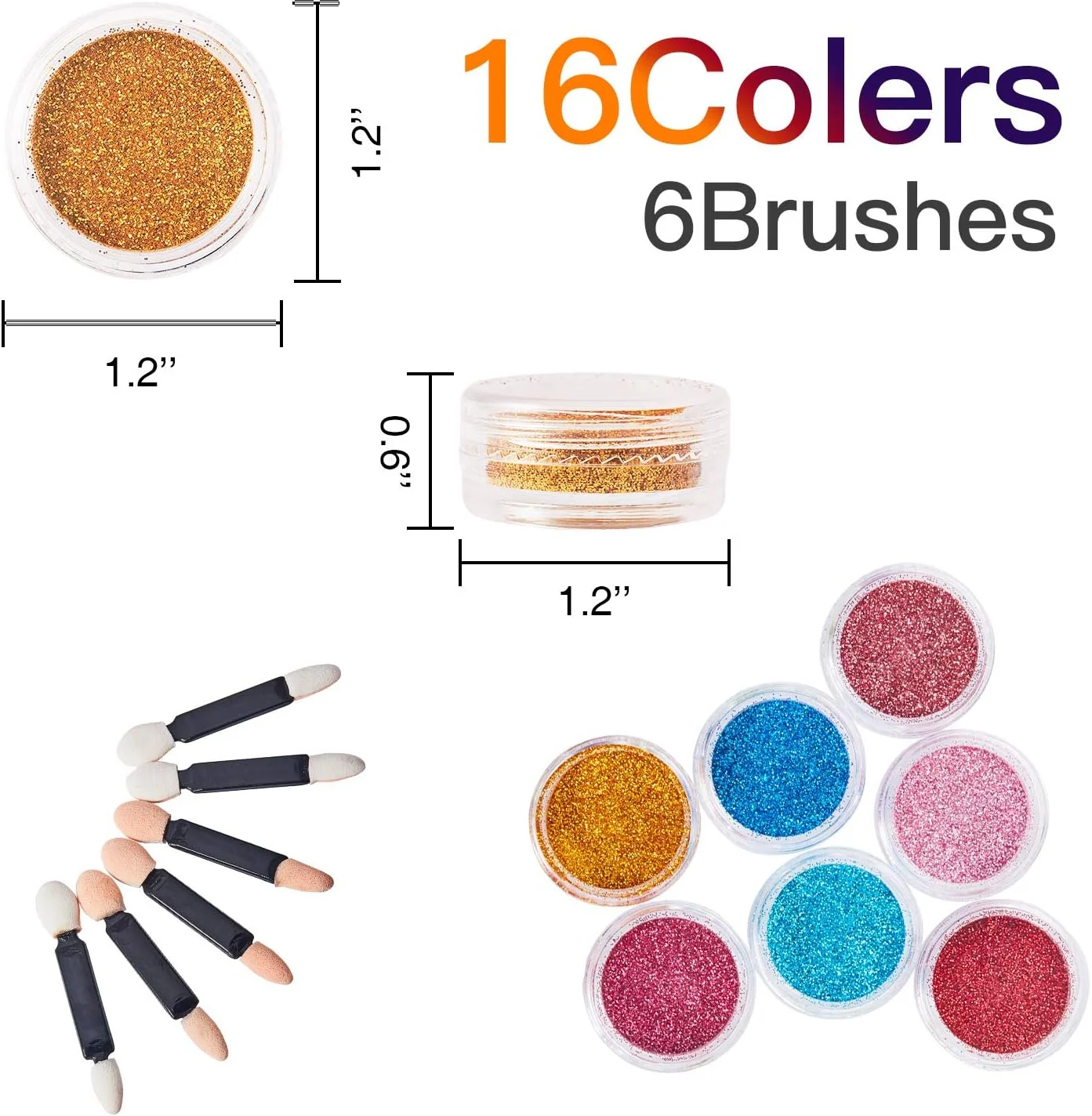 پودر پولک ناخن براق یائومیو، مناسب برای آرایش، جشنواره، بدن، مانیکور، هنر و صنایع دستی، مو و صورت، به همراه 6 برس کوچک، 16 رنگ