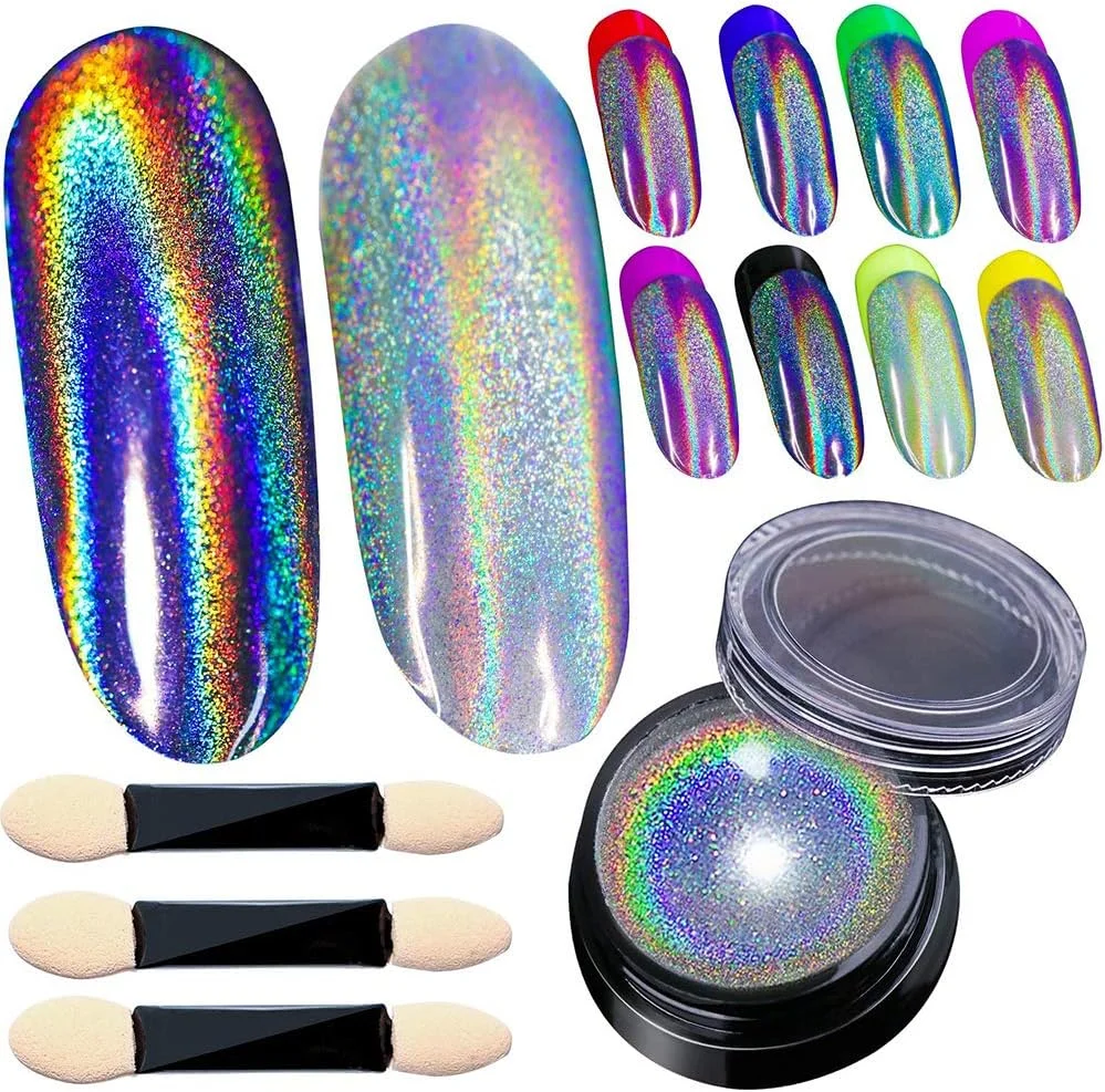 پودر ناخن هولوگرافیک، پودر هولو برای ناخن، جلوه آینه ای رنگین کمانی تک شاخ، گرد و غبار اکلیلی چند کرومی، رنگدانه مانیکور، هنر ناخن DIY دکو با ابزار اسفنجی/3 عدد، 1 گرم