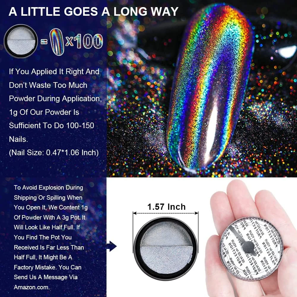 پودر ناخن هولوگرافیک، پودر هولو برای ناخن، جلوه آینه ای رنگین کمانی تک شاخ، گرد و غبار اکلیلی چند کرومی، رنگدانه مانیکور، هنر ناخن DIY دکو با ابزار اسفنجی/3 عدد، 1 گرم