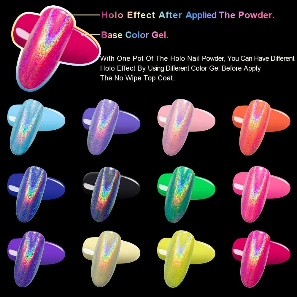 پودر ناخن هولوگرافیک، پودر هولو برای ناخن، جلوه آینه ای رنگین کمانی تک شاخ، گرد و غبار اکلیلی چند کرومی، رنگدانه مانیکور، هنر ناخن DIY دکو با ابزار اسفنجی/3 عدد، 1 گرم
