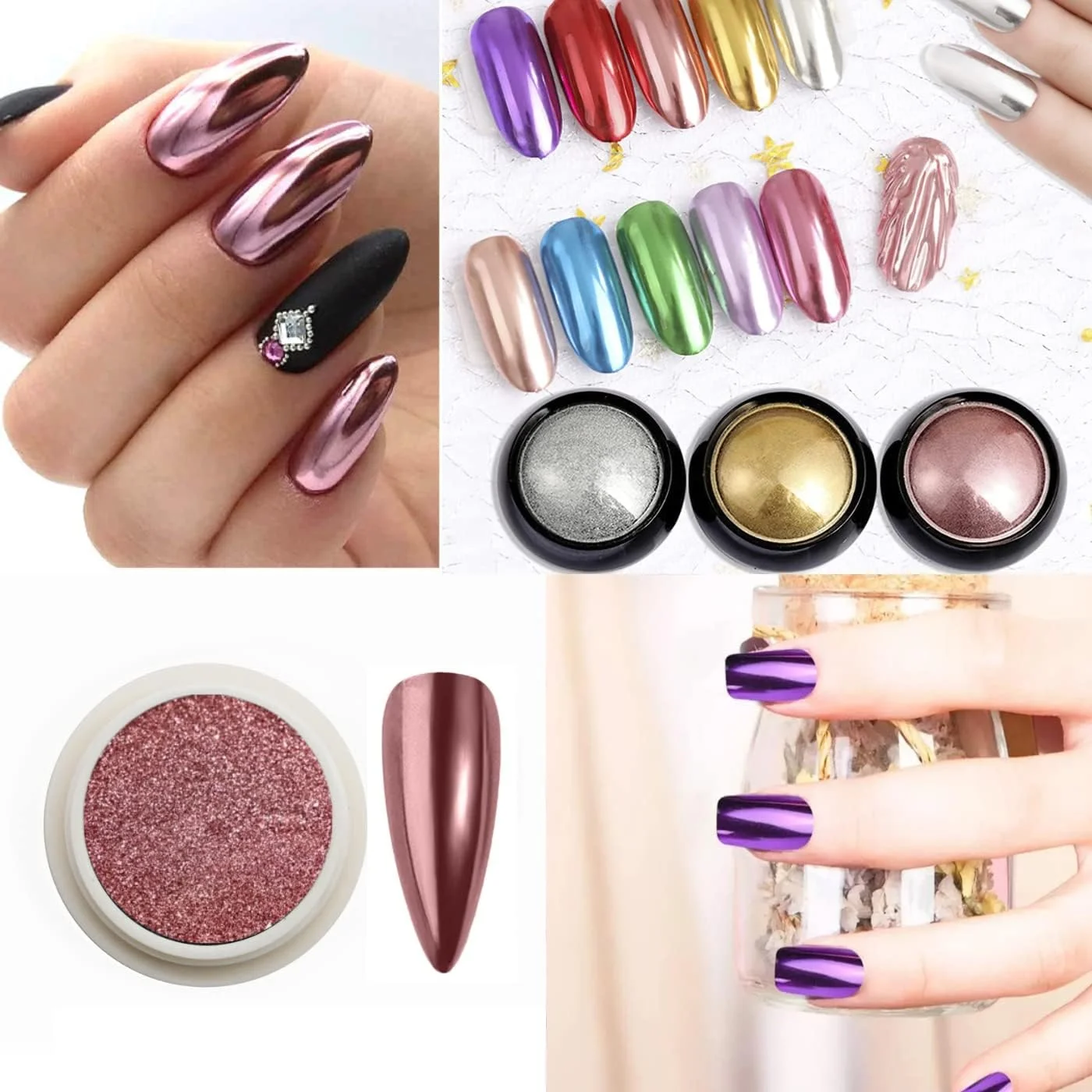 پودر ناخن آینه ای کروم طلایی، LILAH'S NAILS. ست پودر رنگدانه هنر ناخن متالیک، پودر براق ناخن درخشان با جلوه آینه جادویی برای طراحی و تزئین ناخن.