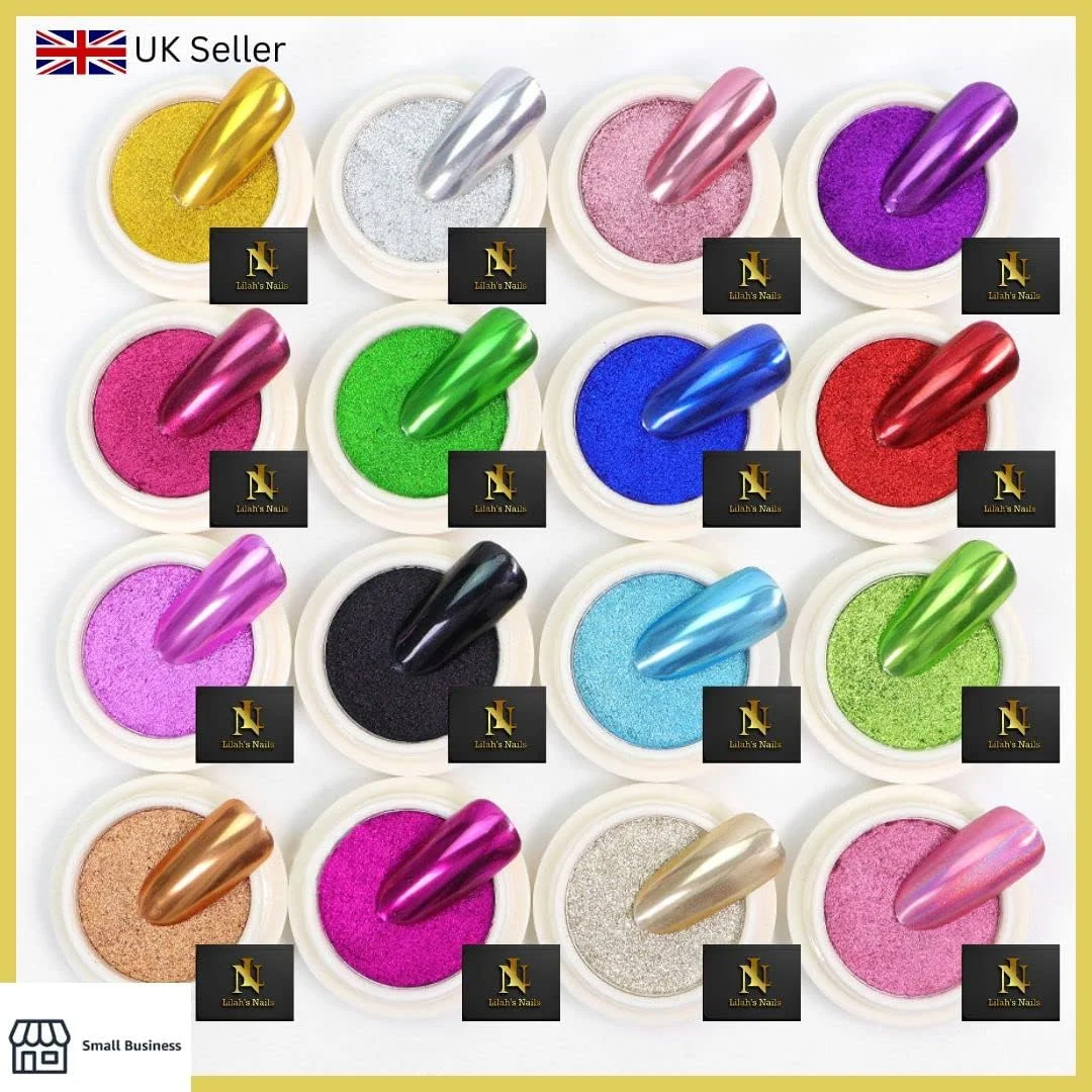 پودر ناخن آینه ای کروم طلایی، LILAH'S NAILS. ست پودر رنگدانه هنر ناخن متالیک، پودر براق ناخن درخشان با جلوه آینه جادویی برای طراحی و تزئین ناخن.