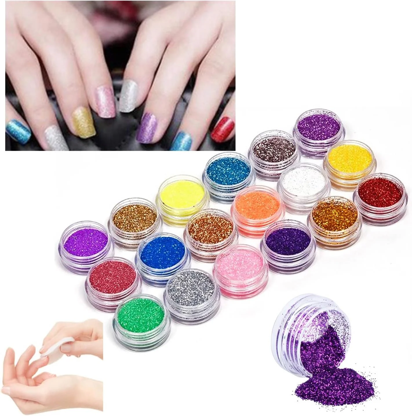 پودر اکلیل طراحی ناخن در 18 رنگ متنوع، مناسب برای پودر اکریلیک و ژل، به همراه برگه تمیز کننده