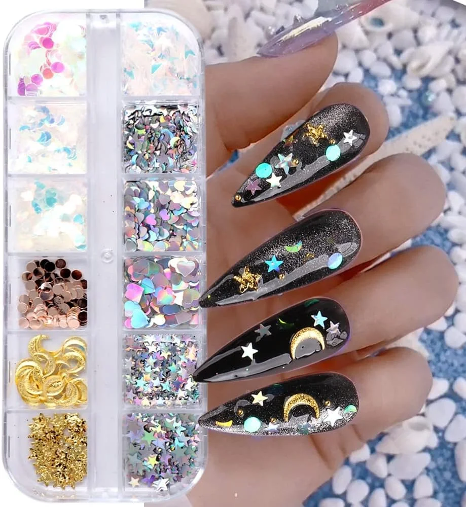 پولک های فویلی طراحی ناخن، پولک های براق فویلی ناخن 12 رنگ، پولک های چیپ ناخن رنگی مخلوط، پولک فویلی ناخن پولک سه بعدی ماه ستاره قلب گرد پولک ناخن پولک درخشان برای مانیکور DIY