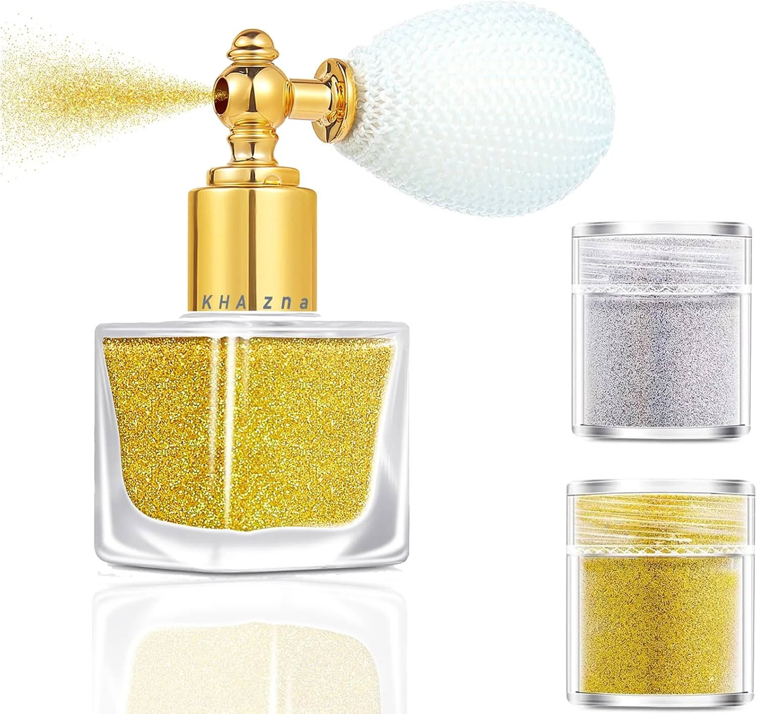 اسپری اکلیل بدن خزنا، پودر اکلیل طلایی نقره ای، هایلایتر درخشان پودر شل اکلیل آرایشی برای بدن صورت مو لباس طراحی هنری ناخن (1 بطری اسپری + 2 بطری یدکی)