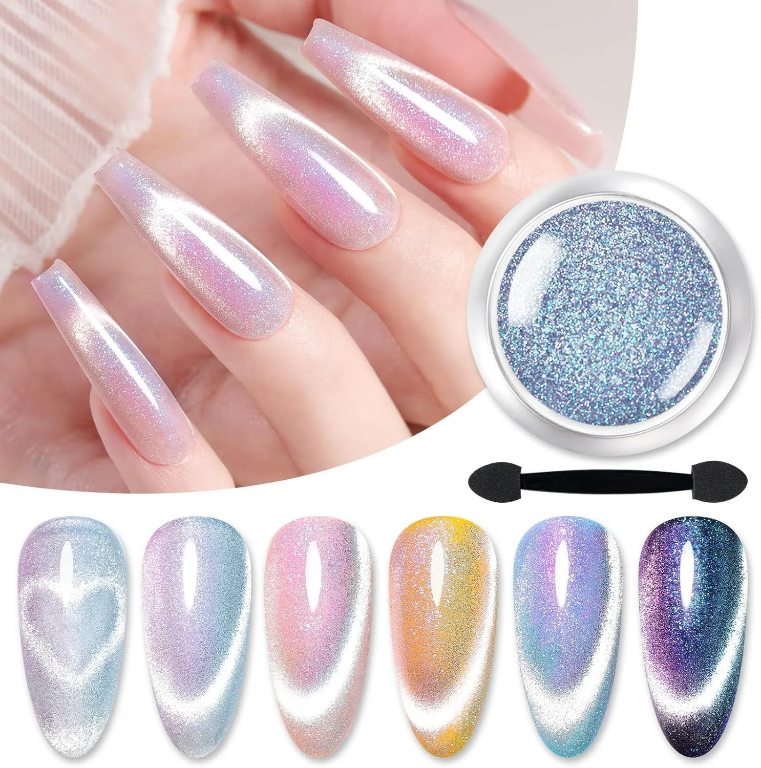 پودر ناخن چشم گربه ای بورن پریتی، پودر کروم ناخن رنگین کمانی هولوگرافیک، پودر آفتاب پرست، رنگدانه اکلیلی با جلوه هولوگرافیک برای طراحی ناخن و مانیکور