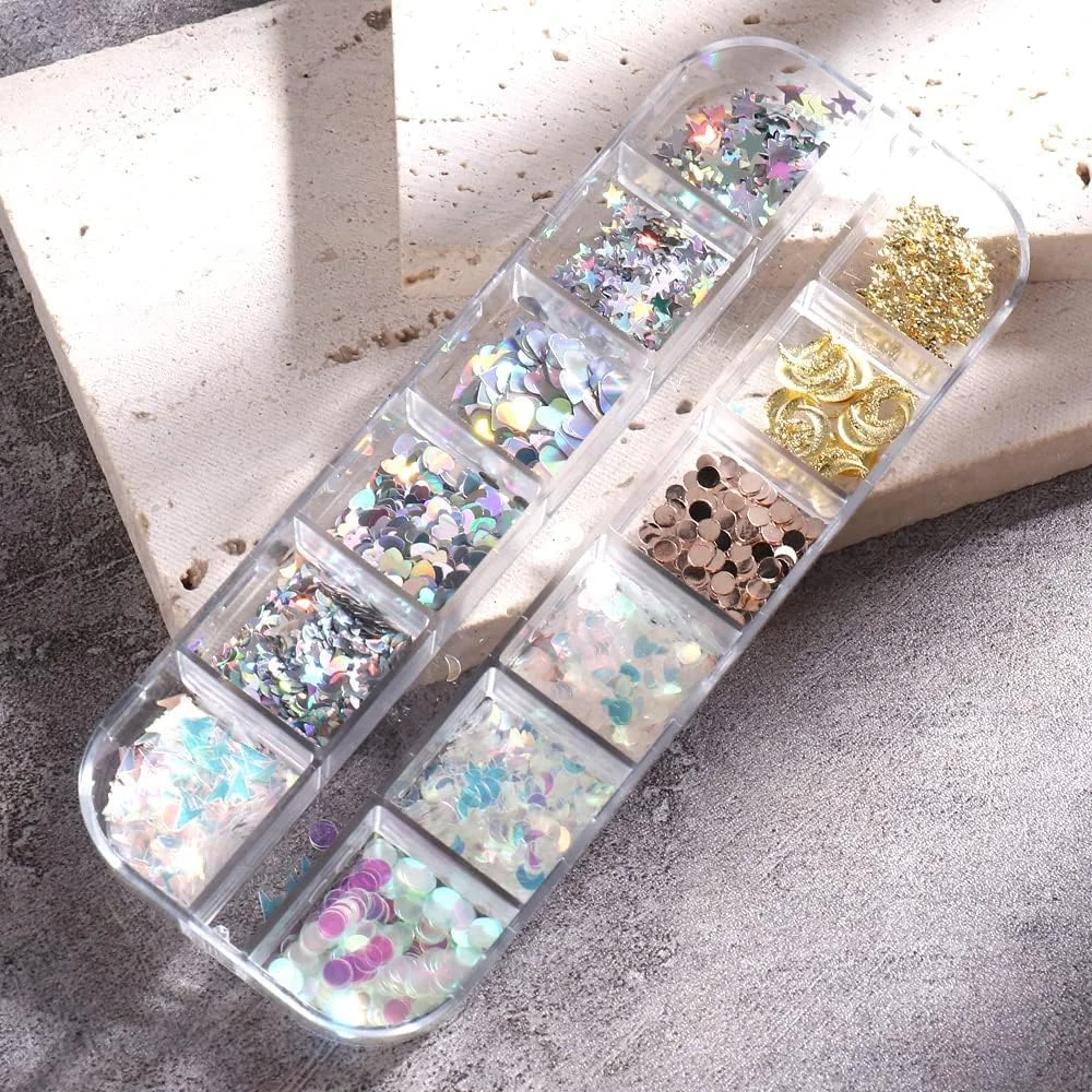 پولک های فویلی طراحی ناخن، پولک های براق فویلی ناخن 12 رنگ، پولک های چیپ ناخن رنگی مخلوط، پولک فویلی ناخن پولک سه بعدی ماه ستاره قلب گرد پولک ناخن پولک درخشان برای مانیکور DIY