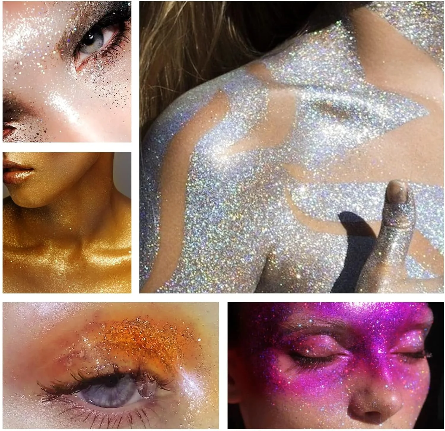 اسپری اکلیل بدن خزنا، پودر اکلیل طلایی نقره ای، هایلایتر درخشان پودر شل اکلیل آرایشی برای بدن صورت مو لباس طراحی هنری ناخن (1 بطری اسپری + 2 بطری یدکی)