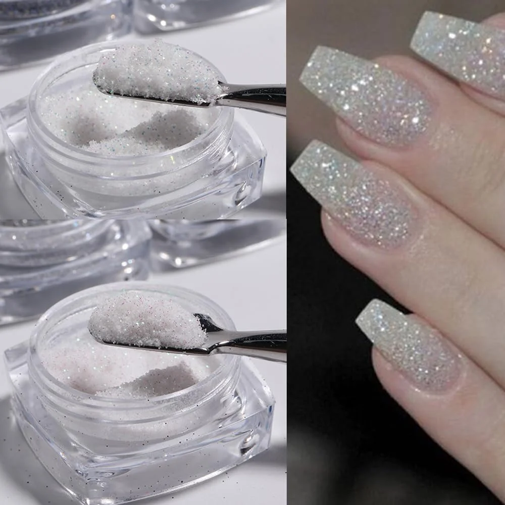 پودر اکلیلی ناخن مشکی و سفید 6 عددی، اکلیل هولوگرافیک برای طراحی ناخن و مانیکور