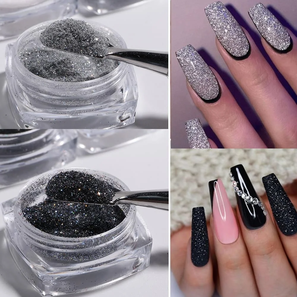 پودر اکلیلی ناخن مشکی و سفید 6 عددی، اکلیل هولوگرافیک برای طراحی ناخن و مانیکور