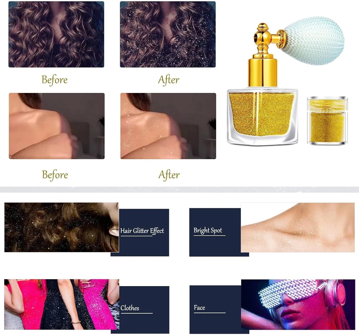 اسپری اکلیل بدن خزنا، پودر اکلیل طلایی نقره ای، هایلایتر درخشان پودر شل اکلیل آرایشی برای بدن صورت مو لباس طراحی هنری ناخن (1 بطری اسپری + 2 بطری یدکی)