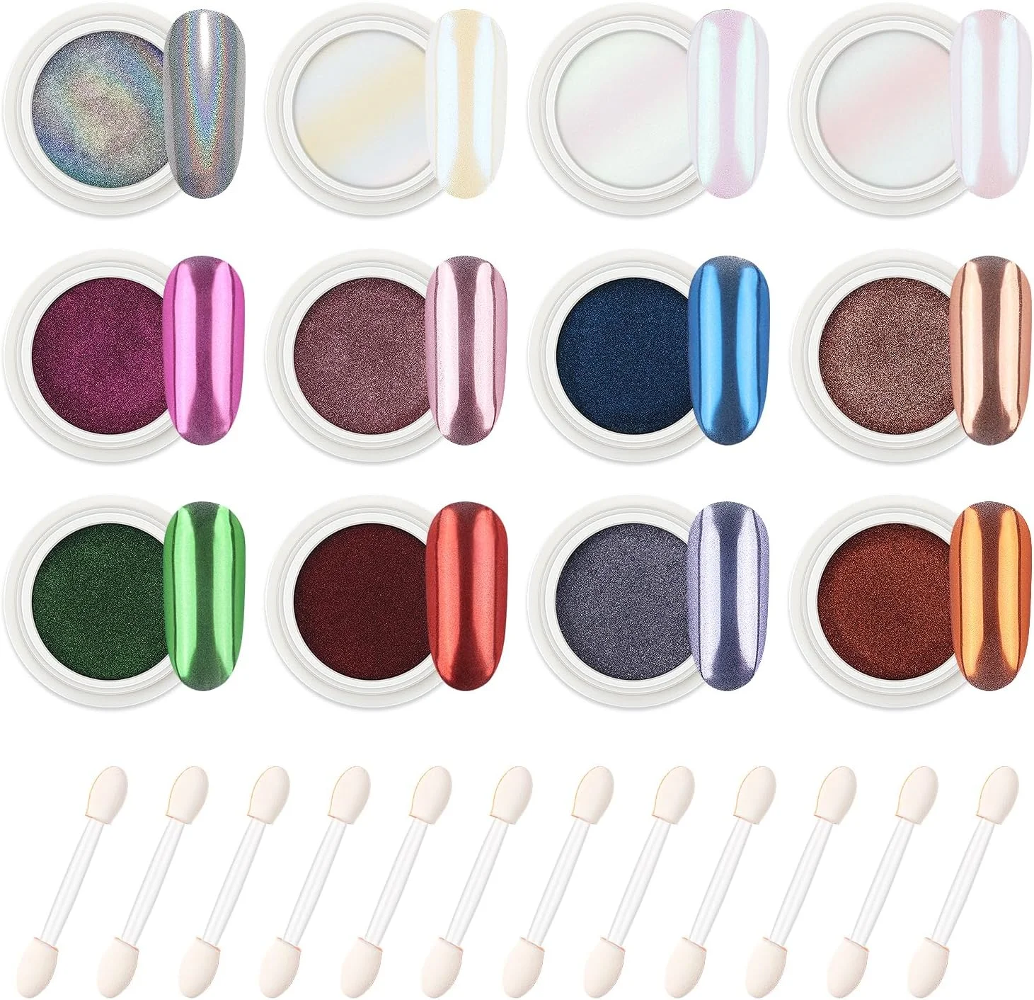 پودر کروم ناخن آیمیلی طلایی و مرواریدی 12 رنگ با جلوه آینه‌ای و مرواریدی، پودر براق ناخن، رنگدانه صدفی شفق قطبی، ست پودر براق ناخن - 2