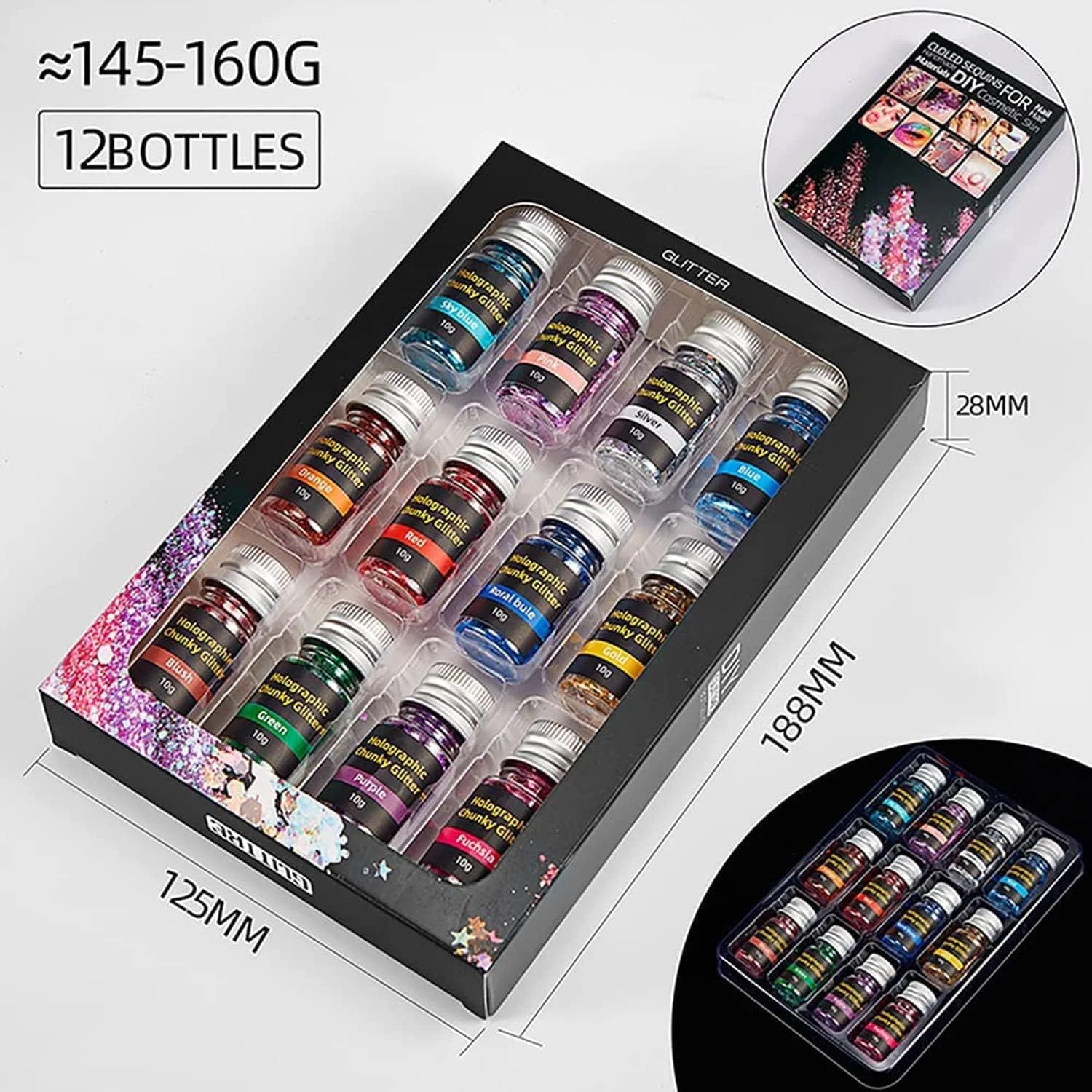 اکلیل های درشت هولوگرافیک، پودر هنری ترکیبی 12 رنگ برای رزین اپوکسی/لیوان/اسلایم، پولک های اکلیلی درشت برای تزئینات جشنواره، مناسب برای رزین، صورت، بدن، چشم، مو، ناخن