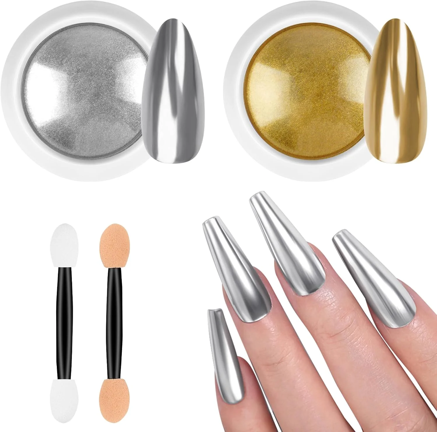 پودر کروم ناخن، 2 رنگ طلایی نقره ای، پودرهای کروم ناخن با جلوه آینه ای متالیک، پودرهای براق فلزی برای طراحی و تزئین ناخن