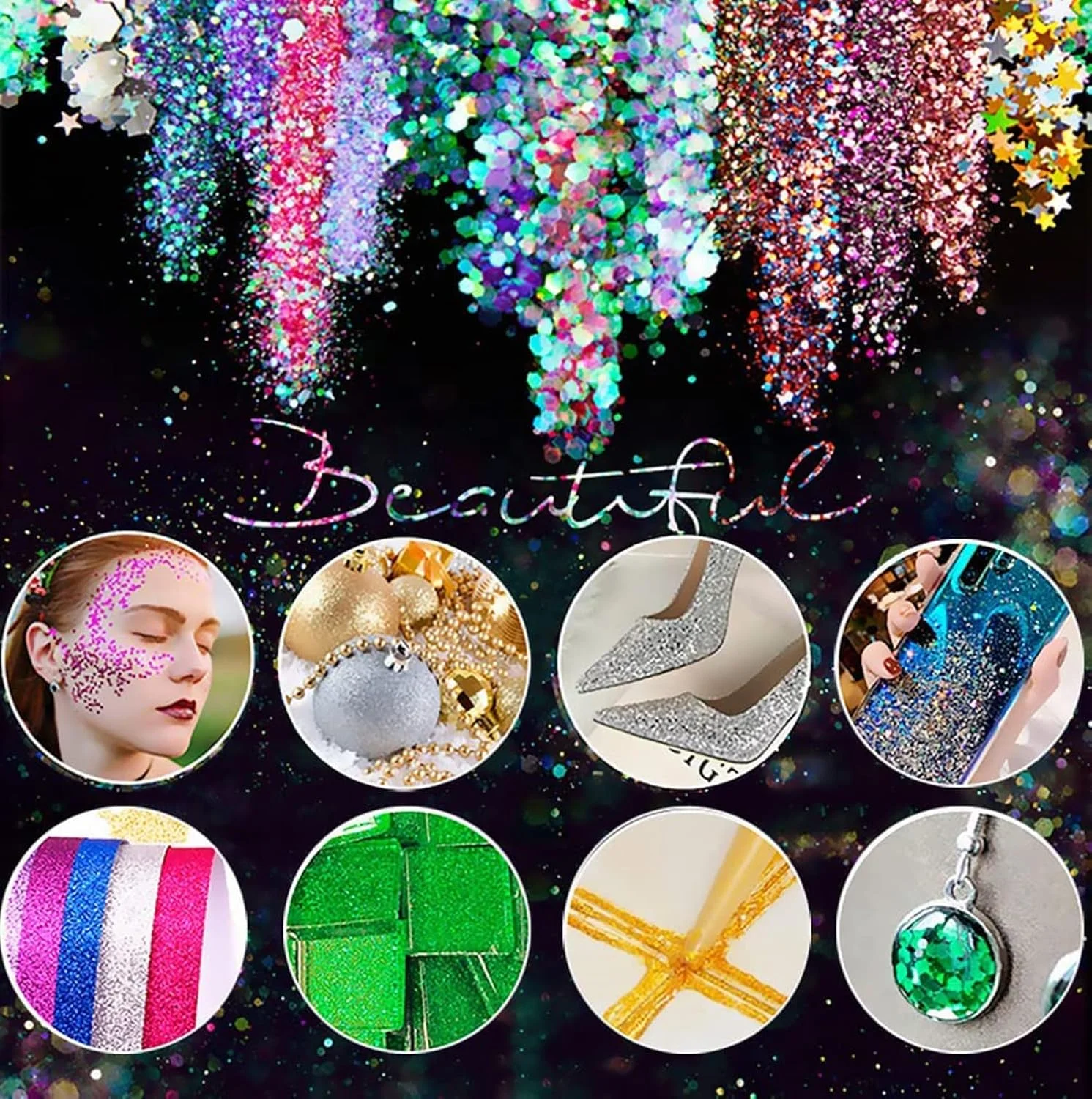 اکلیل های درشت هولوگرافیک، پودر هنری ترکیبی 12 رنگ برای رزین اپوکسی/لیوان/اسلایم، پولک های اکلیلی درشت برای تزئینات جشنواره، مناسب برای رزین، صورت، بدن، چشم، مو، ناخن