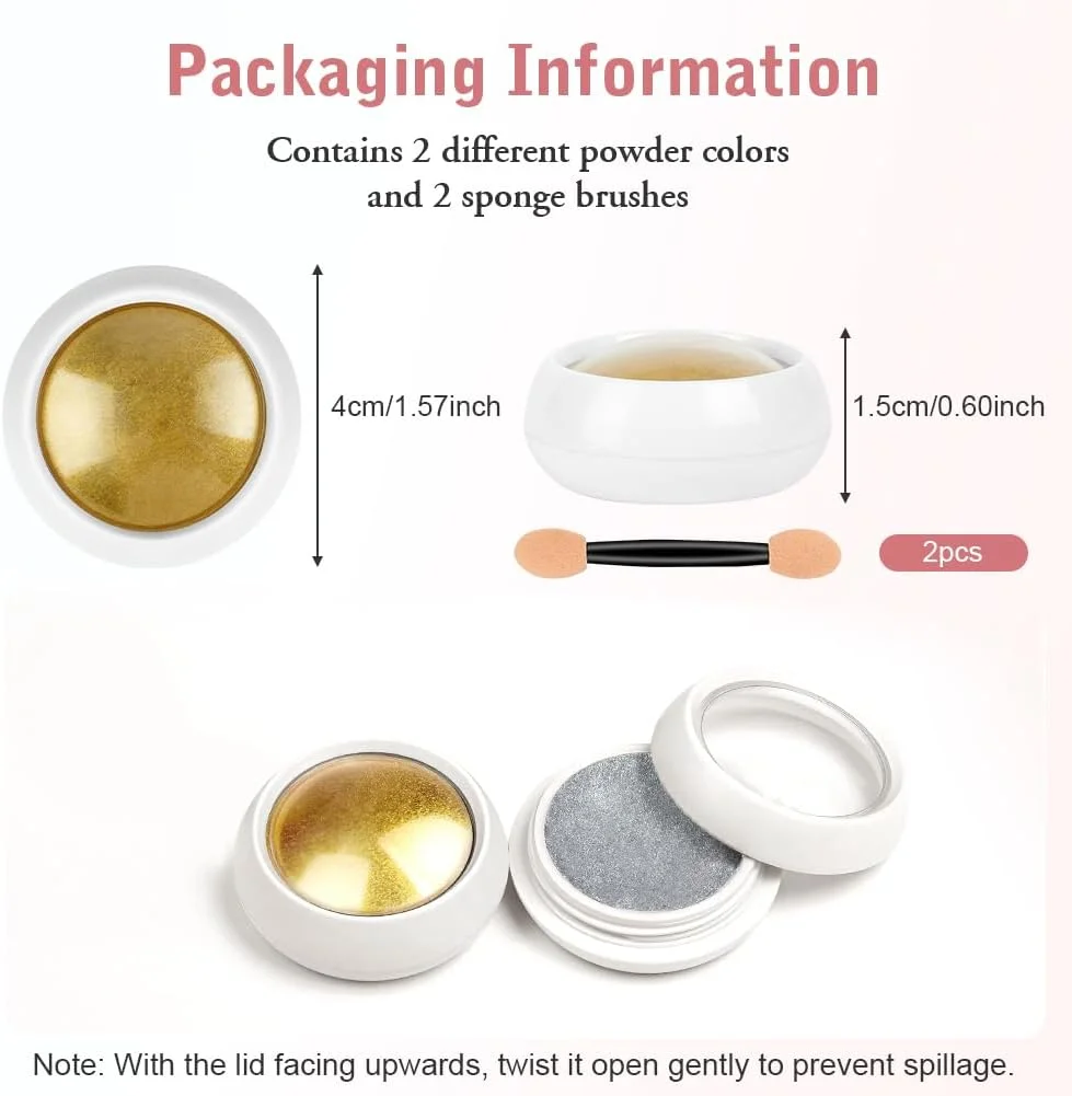 پودر کروم ناخن، 2 رنگ طلایی نقره ای، پودرهای کروم ناخن با جلوه آینه ای متالیک، پودرهای براق فلزی برای طراحی و تزئین ناخن