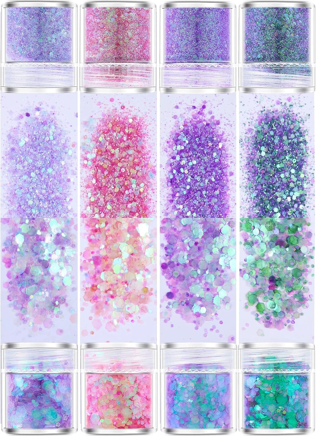 پودر اکلیلی KASTWAVE برای رزین، ناخن، پولک های رنگین کمانی شش ضلعی، تزئین هنری، دانه های براق برای لیوان، اسلایم، بدن، صورت، مو، چشم، آرایش جشنواره، 8 عدد