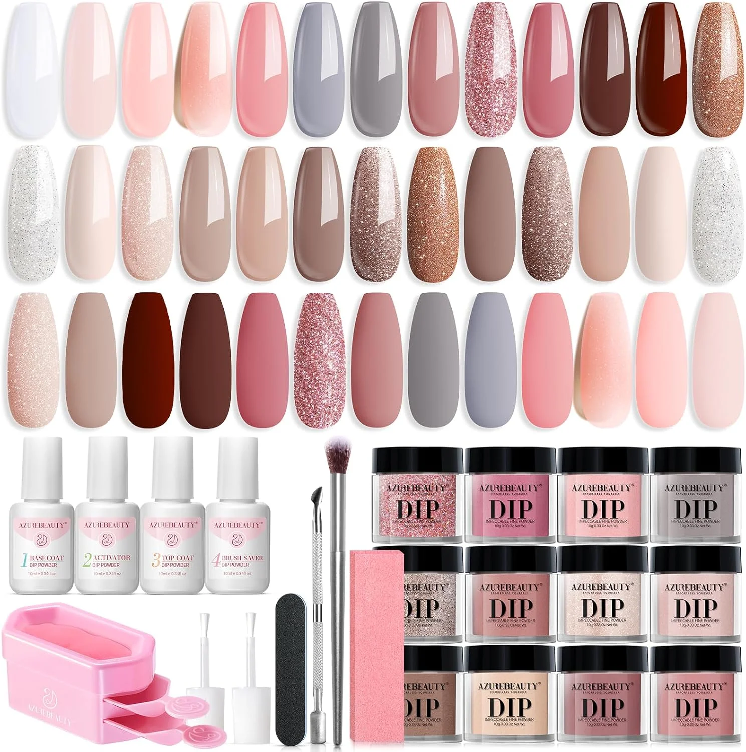 مجموعه پودر کاشت ناخن 31 تکه AZUREBEAUTY، شامل 20 رنگ پودر دیپ اکلیلی، رنگ های برهنه، قهوه ای، صورتی، سفید و خاکستری، ست مایع پودر دیپ به همراه تاپ کت/بیس کت و فعال کننده، مناسب برای طراحی ناخن فرانسوی، مانیکور و طراحی ناخن در منزل، هدیه روز ولنتاین برای بانوان