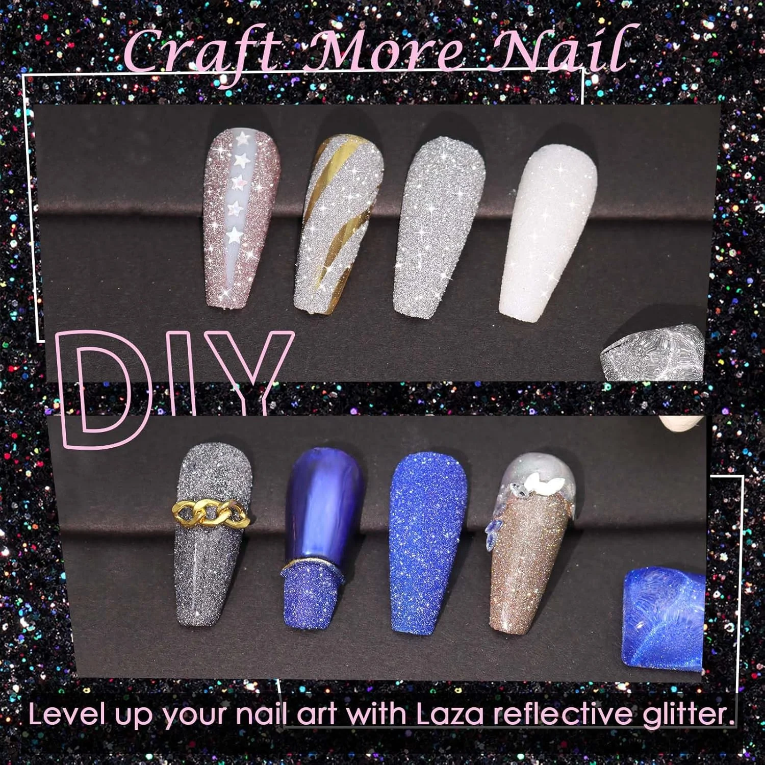 پودر درخشان ناخن الماس Laza 1.5 گرمی، پودر کروم و اکلیل تزئینی ناخن برای طراحی و مانیکور ناخن