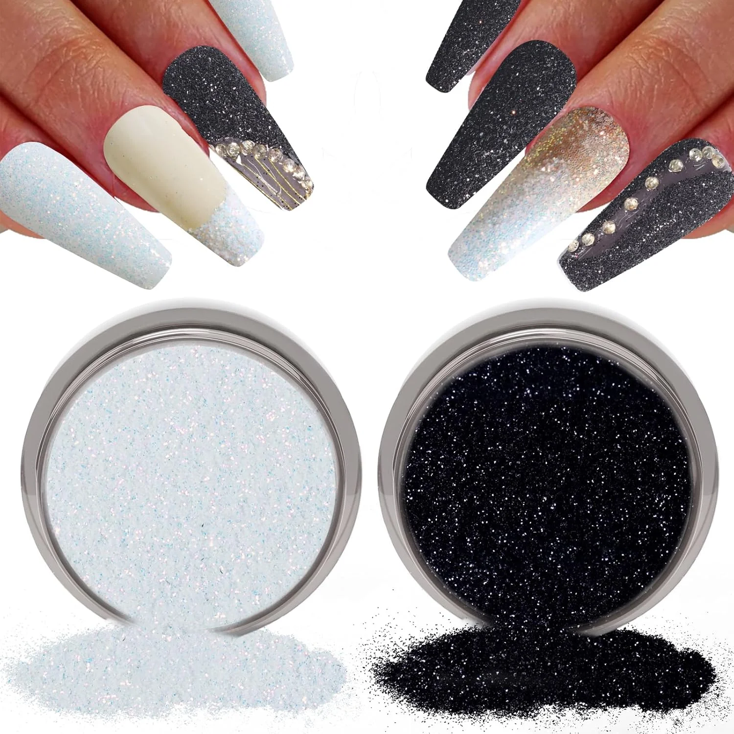 پودر اکلیل ناخن Laza، پودر شنی سفید مشکی با اثر شکر درخشان، پوشش آب نباتی، تزئین طراحی ناخن برای تزئین نوک ناخن، صنایع دستی DIY
